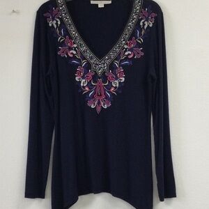Boston Proper Blue Embellished Long Sleeve Blouse